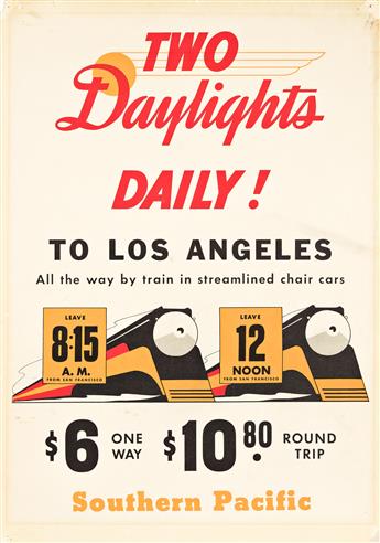 SAM HYDE HARRIS (1889-1977).  TWO DAYLIGHTS DAILY! SOUTHERN PACIFIC [TO LOS ANGELES / TO SAN FRANCISCO.] Two posters. Circa 1938. Each